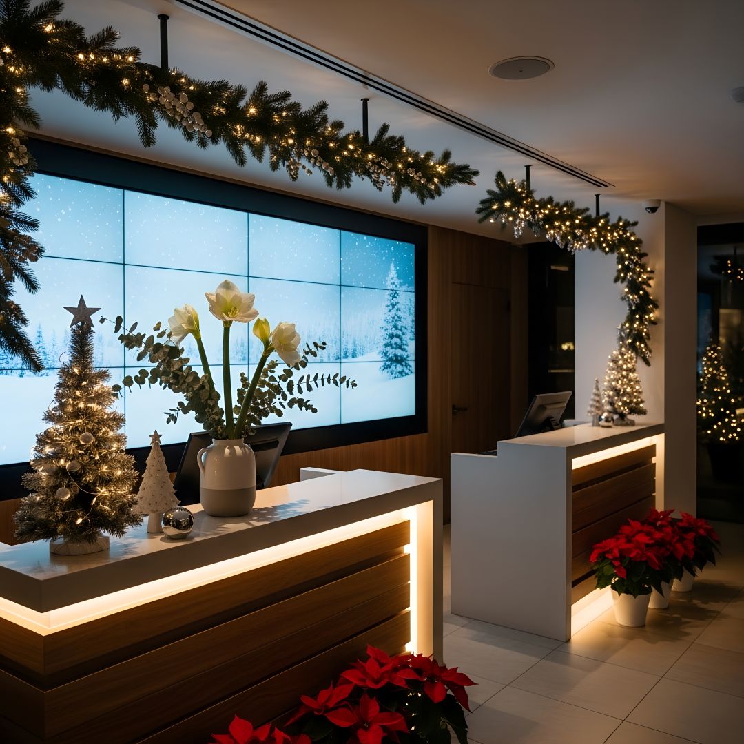 Modern Hotel Check In Desk Decorated For Christmas