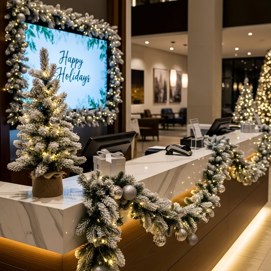 Modern Hotel Check In Desk Decorted For Christmas