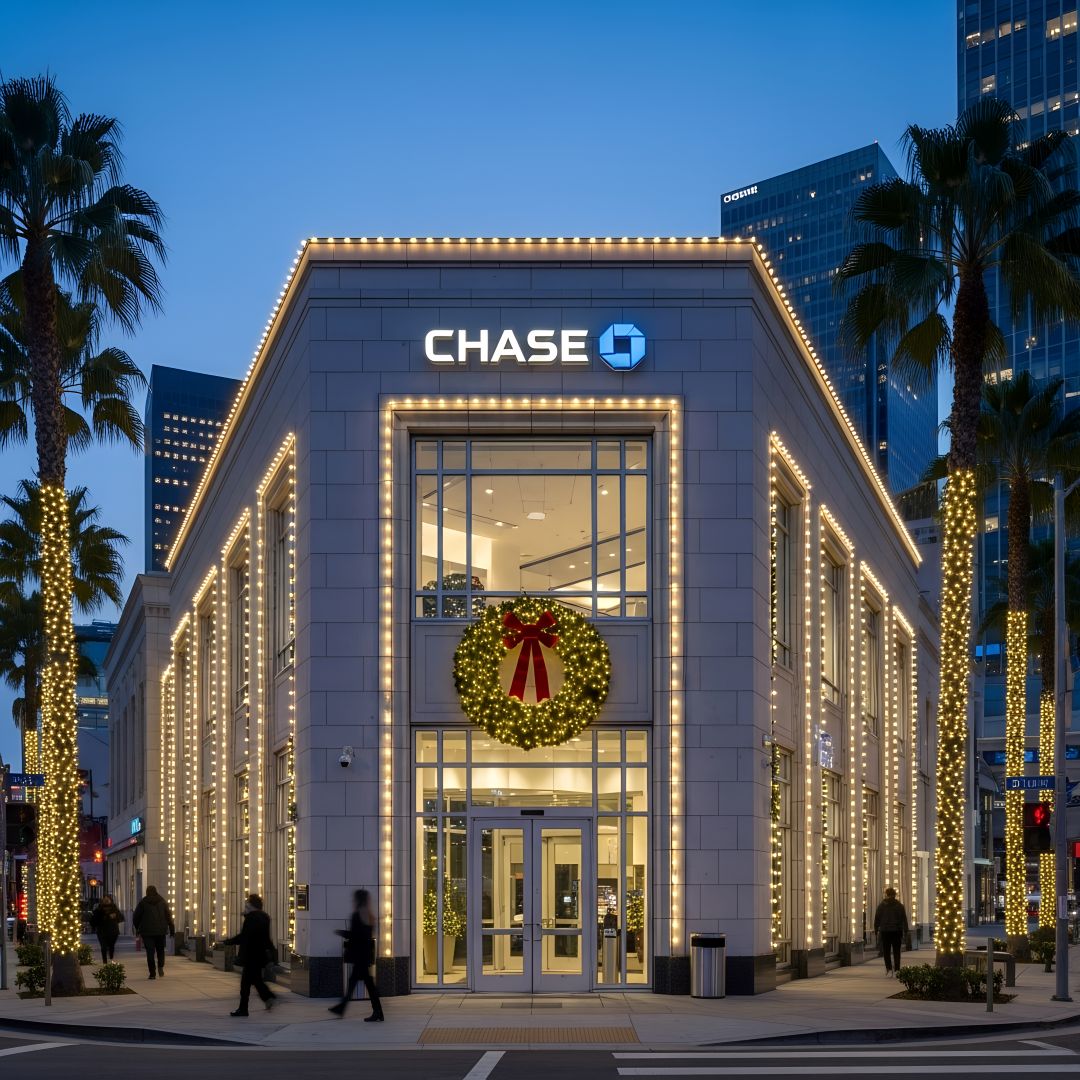 Exterior Of Chase Bank In Los Angles Decorated Wit