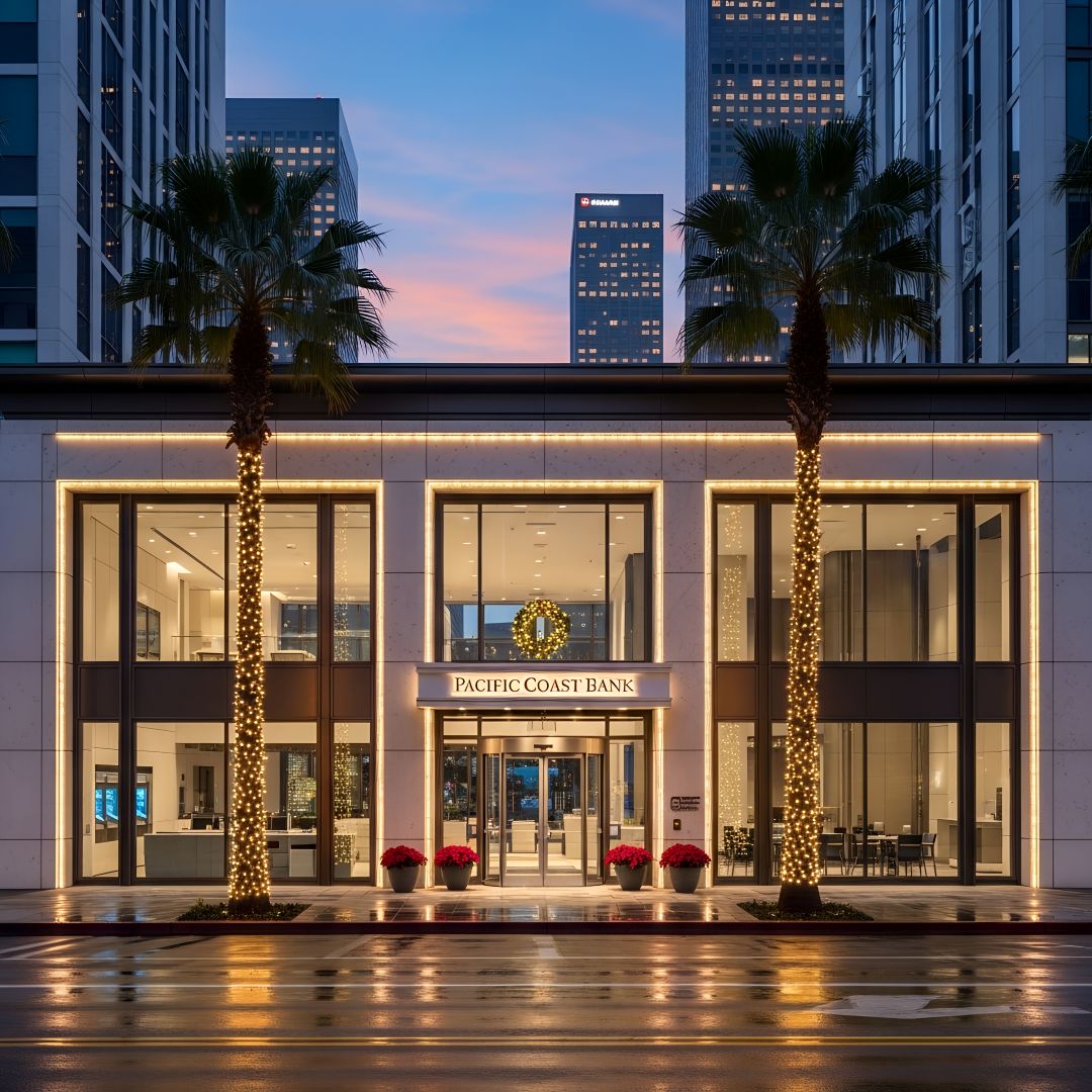 Exterior Of Entrance Of Modern Bank In Los Angles 